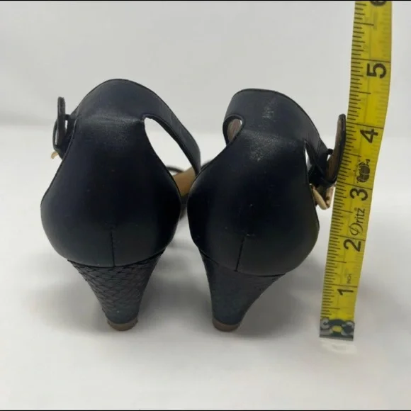 Tory Burch Savannah Wedge Black Gold Sandal Women Size 6 - Picture 9 of 11